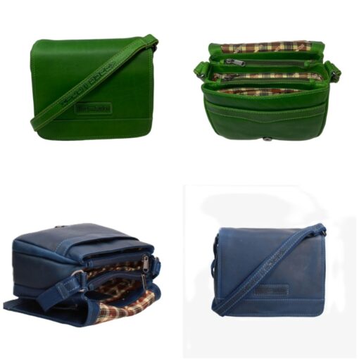 Schulter - Umhängetasche HILL-BURRY aus handschuhweichem Rindleder gefertigt (Jagdtasche) Grün und Blau