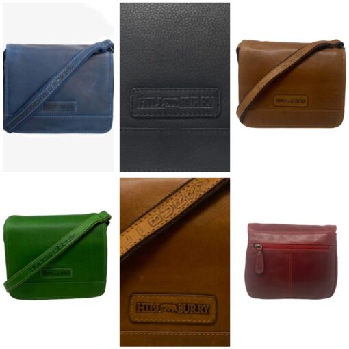 Schulter - Umhängetasche HILL-BURRY aus handschuhweichem Rindleder gefertigt (Jagdtasche) Grün, Blau, Cognac, Braun, Rot und Schwarz
