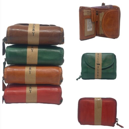 robuste kompakte HILL-BURRY Geldbörse - Waschleder in orange, hellrot, grün und braun - used Look