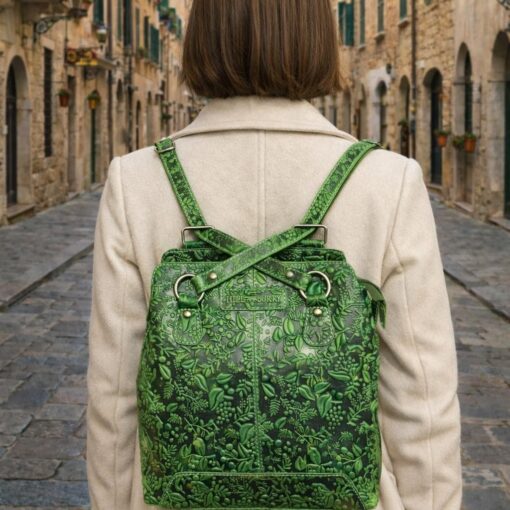 Hill-Burry rustikaler Rucksack und Schultertasche - geprägtes Leder: in grün, braun, schwarz und rot