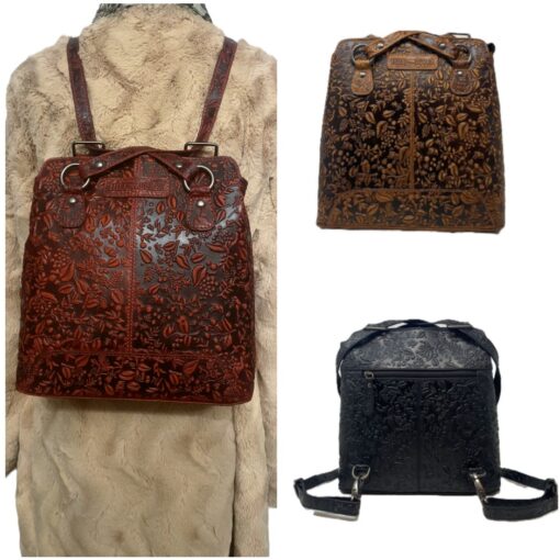 Hill-Burry rustikaler Rucksack und Schultertasche - geprägtes Leder: in braun, schwarz und rot