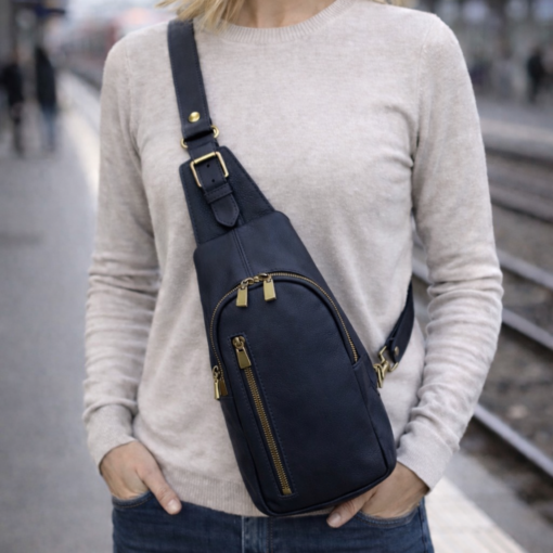 Umhängetasche Sling- Bag aus echtem Leder in den Farben:  hellelfenbein (ecru), schwarz, blau, braun, cognac